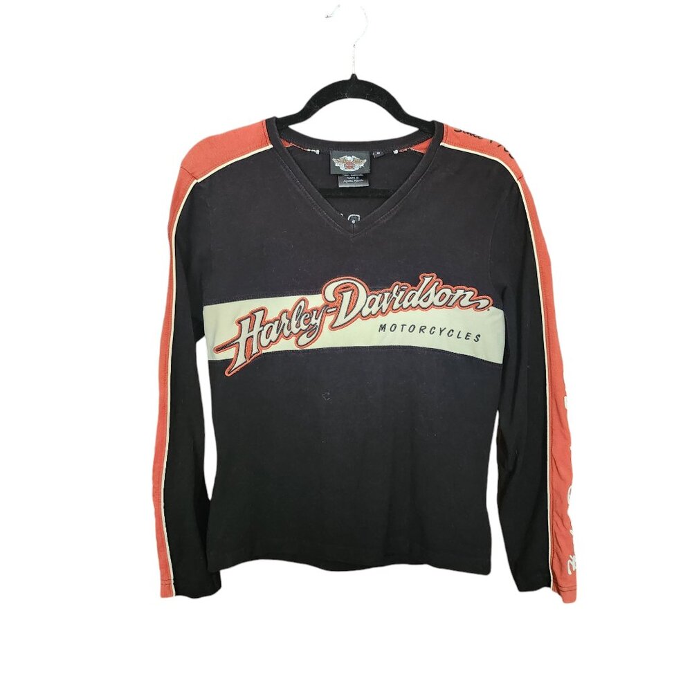 Harley Davidson Shirt Womens  Black Orange V-Neck Long Sleeve Motorcycles Medium
